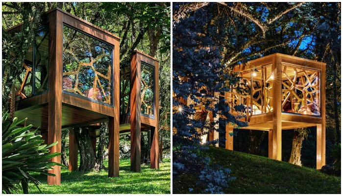 Конструкция домиков состоит из массивных балок и стеклянных панелей, чтобы усилить связь между экстерьером и интерьером (TREE HOUSE, Бразилия). 