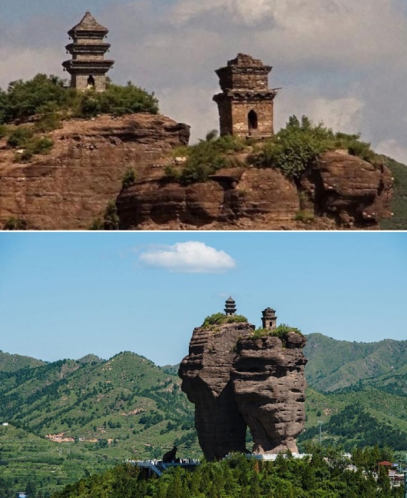 На одном плато «Камня любви» построили буддийскую ступу, а на другом – пагоду-гробницу (Шуангта, Китай).