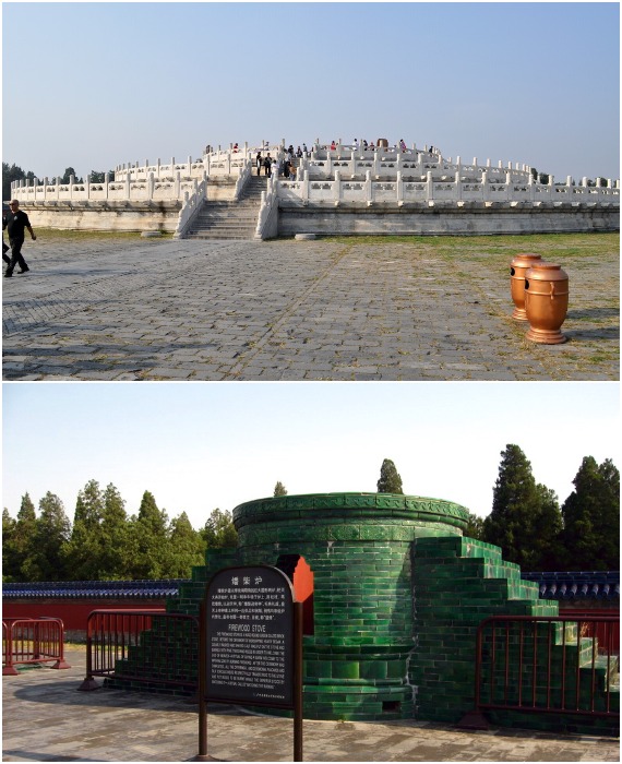 Жертвенный алтарь с печью, окруженный небольшими колоннами, с изображением всех императоров в виде красочных драконов (Temple of Heaven, Пекин).