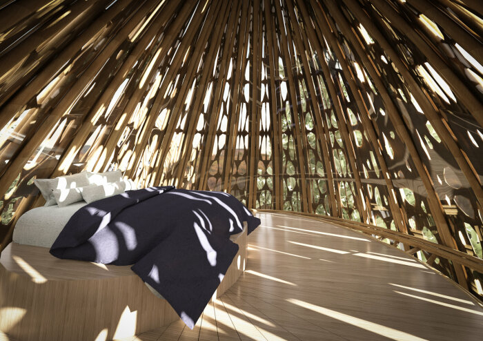 Спальня в двухуровневых номерах, похожих на бамбуковые корзины (концепт Resort Chinese Baskets). | Фото: designboom.com.