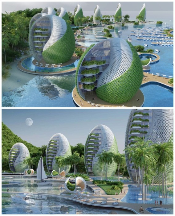 Отельные корпуса в виде ракушек, покрытых зеленью за 24 часа, смогут совершать полный оборот вокруг своей оси (концепт эко-курорта Nautilus). 