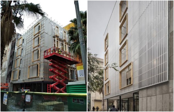 Контейнерный дом облицевали панелями из поликарбоната, что позволило обеспечить более комфортный микроклимат внутри квартир (проект APROP, Барселона).