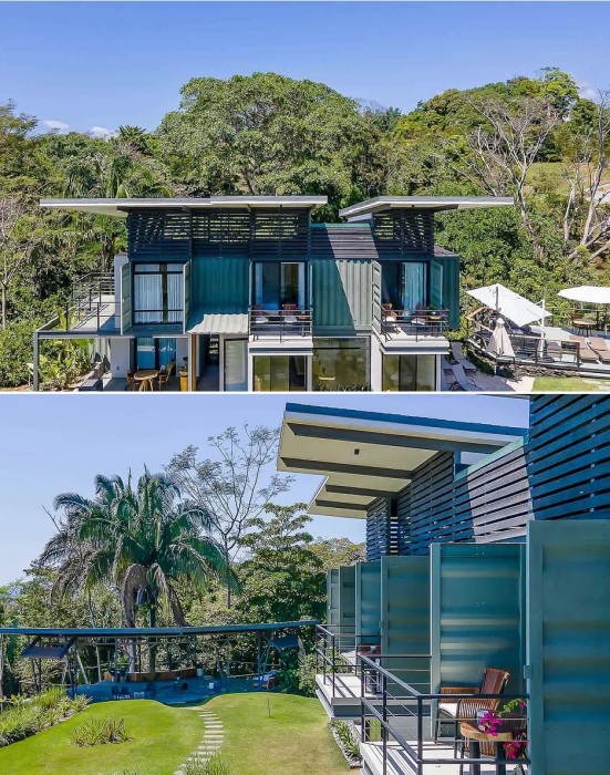 Из каждой спальни есть выход на собственный балкон, при этом на обширном участке имеется бассейн с павильоном и зоной отдыха под открытым небом (Eco Friendly Home, Коста-Рика). 