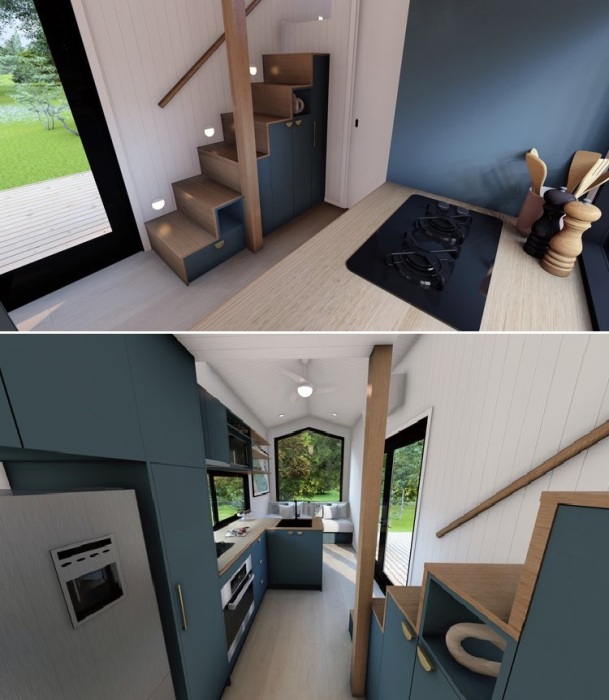 Удобные для подъема ступени являются и местом хранения (Tiny House Bondi).