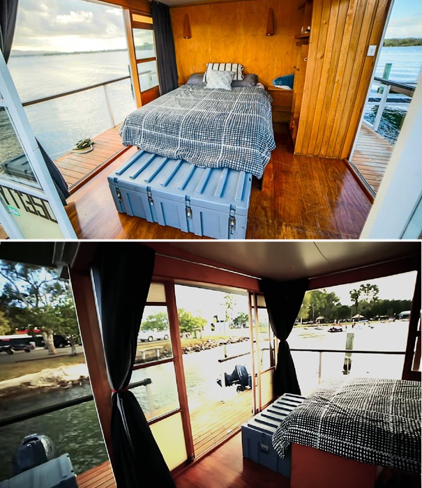 Главная спальня с трех сторон окружена раздвижными дверями.