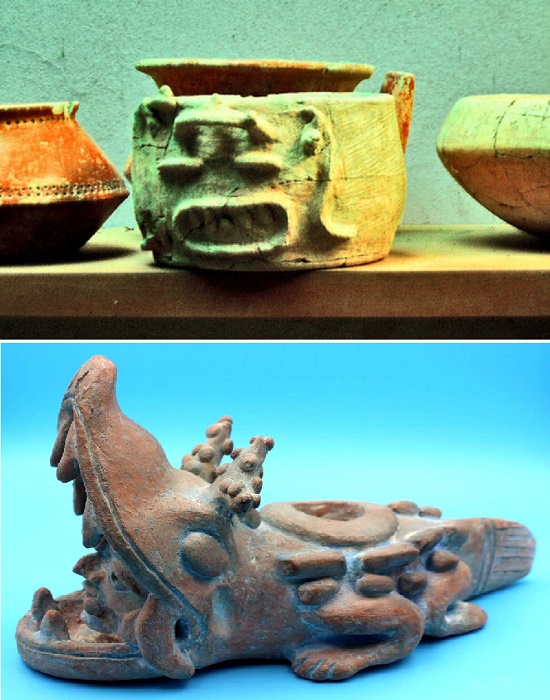 Сохранились посуда и фигурки из глины и нефрита (Lamanai, Белиз).