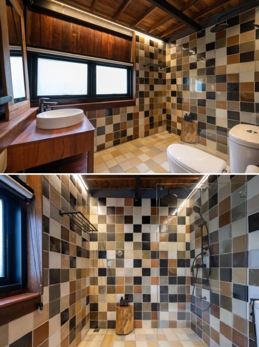 Яркая ванная комната с тропическим душем ничуть не хуже, нежели в номерах фешенебельных отелей (Wood and Mountain Cabin, Таиланд).