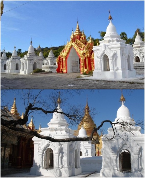 В каждой из 730 kyauksa gu с четырех сторон имеются открытые арочные проемы, позволяющие заглянуть внутрь святилища и прочесть текст на мраморной «странице» (Kuthodaw Pagoda, Мандалай).