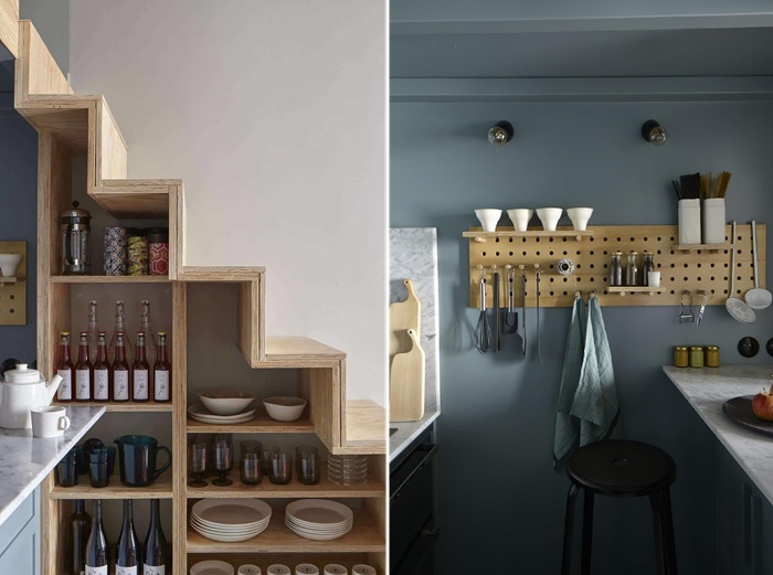 Оригинальные системы хранения в кухонной зоне (Blue Streak, Париж). 