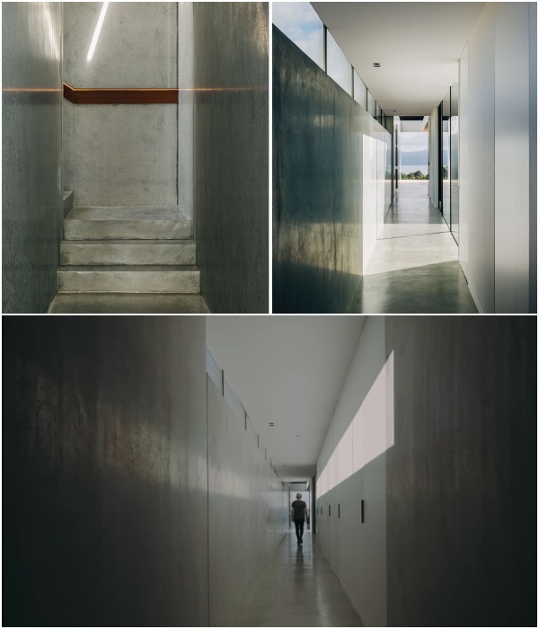 Узкий коридор тянется вдоль 35-метрового консольного объема (поместье Triptych, Тасмания).