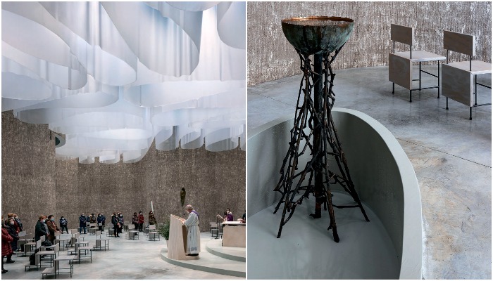 Каменные стулья и чаша для крещения сделаны по эскизам дизайнеров архитектурной студии Mario Cucinella Architects (Santa Maria Goretti, Италия).