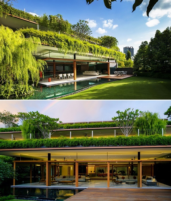 Из гостиной есть выход на открытую террасу с обустроенной зоной отдыха (Sky Pool House, Сингапур).