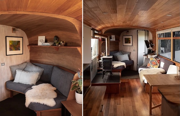 Удобные диванчики в гостиную Ник изготовил собственноручно (The Bus Hideaway).
