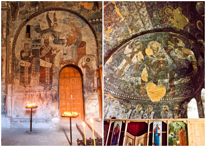 Толстый слой копоти в главном зале Храма Пресвятой Богородицы помог сохранить первоначальный вид фресок (Вардзиа, Грузия).