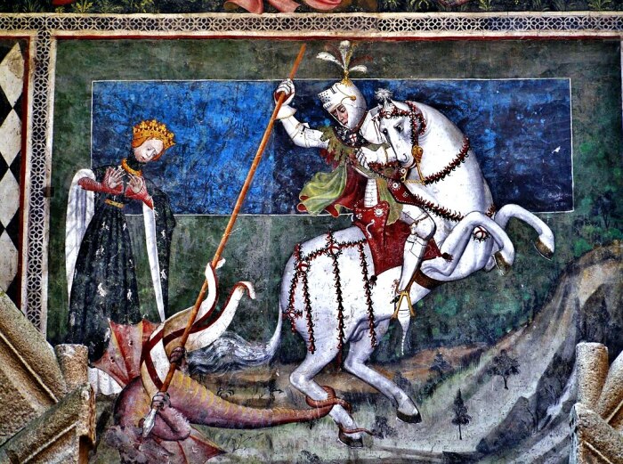 Знаменитая фреска Сан-Джорджо с изображением рыцаря, убивающего дракона, чтобы спасти принцессу (Castello di Fenis, Италия). | Фото: stilarhitekturi.livejournal.com.