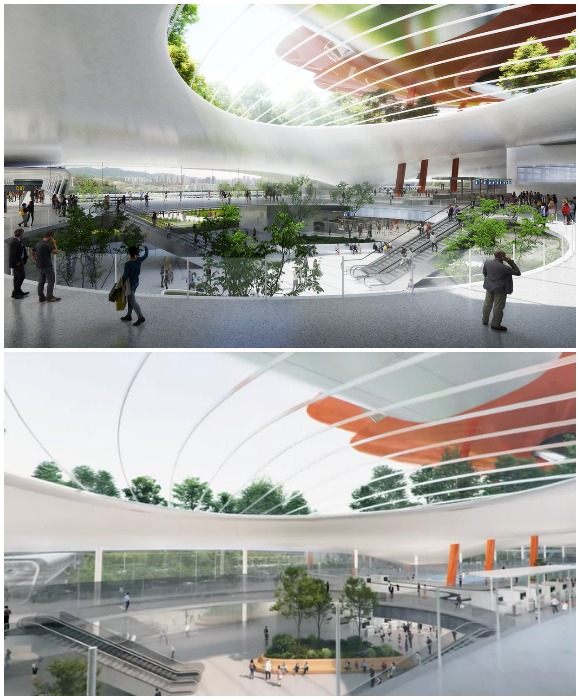 Проектом предусмотрены подземные пространства со световыми люками, выходящими в парк (концепт The Cuntan International Cruise Centre).