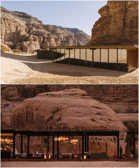 Общая зона отдыха и развлечений «растворилась» в горном пейзаже (Habitas AlUla, Саудовская Аравия).