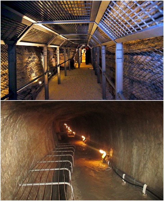 Последняя реконструкция туннеля сделала пребывание туристов более безопасным (туннель Эвпалиноса, Греция).