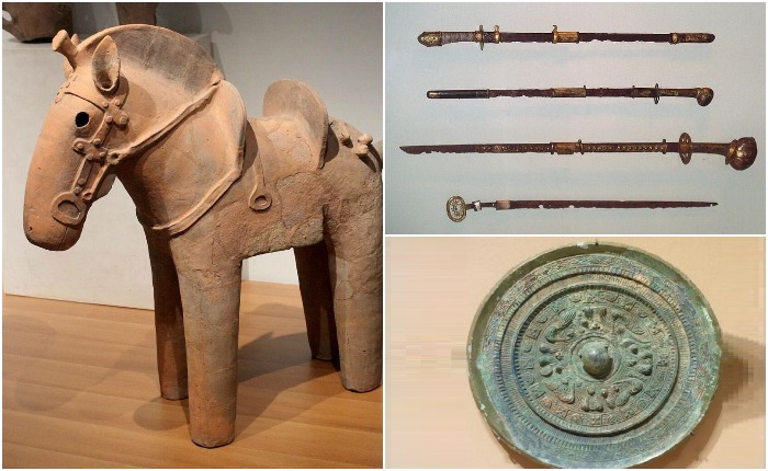 В гробницах обнаружены предметы быта, украшения, оружие, фигурки животных (Япония).