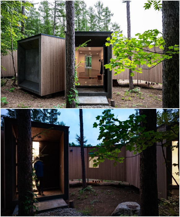 Вход в загородную резиденцию начинается с узкого коридора, последовательно соединяющего все помещения (House in the Forest, Япония).