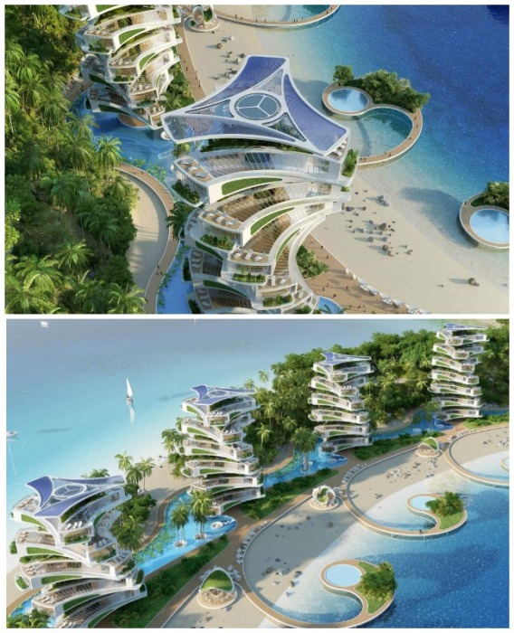 Вращающиеся трикселоны предназначены для обустройства резиденций, апартаментов и отельных номеров (концепт эко-курорта Nautilus).