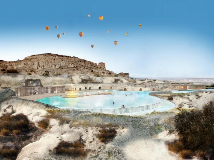 Обнаруженный термальный источник позволит организовать полноценный СПА-комплекс и зоны с водными развлечениями (концепт GAD Cappadocia Hotel & Spa). | Фото: designboom.com. 