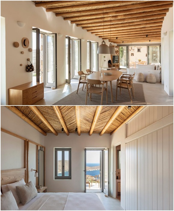 Бамбуковый потолок с массивными балками является главной изюминкой в дизайне интерьера (Xerolithi House, Греция).