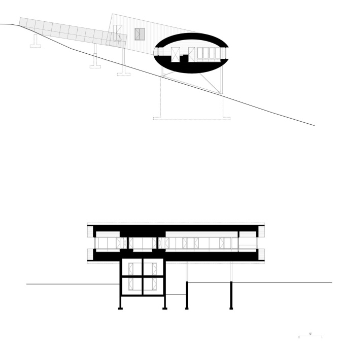 Расположение лыжного дома на сложном участке горного хребта (план-чертеж).