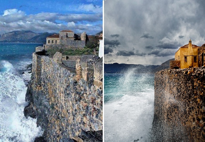 Для большей части Нижнего города строить крепостные стены не понадобилось, требовалось лишь укрепить отвесную стену скалы (Monemvasia, Греция).