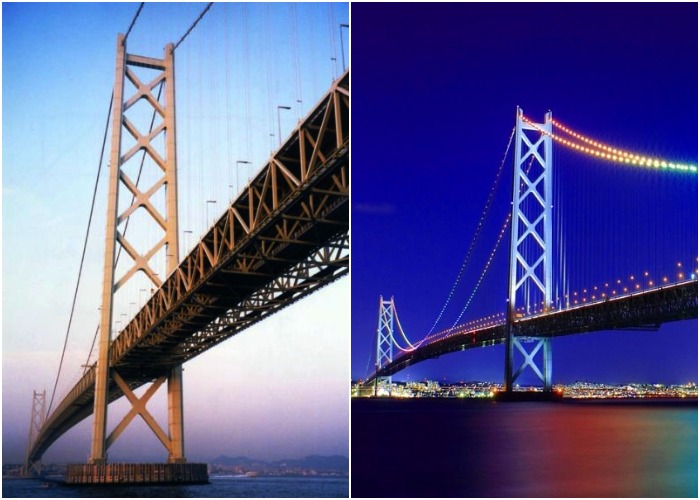 Общая высота башен достигает 298,3 м (Akashi Kaikyo Bridge, Япония).