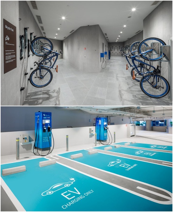 Парковка для электромобилей и велосипедов для офисных сотрудников (CapitaSpring, Сингапур).