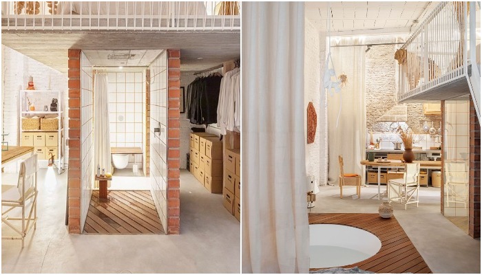 В преображенном гараже имеется проходной душ и ванна рядом с гостиной-столовой (LoVt3 Apartment, Барселона).