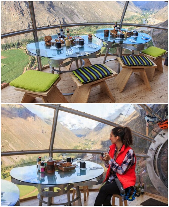 Владельцы, сопровождающие гостей в отель, доставляют еду из ресторана, чтобы организовать обед, ужин или завтрак (Skylodge Adventure Suites, Перу).