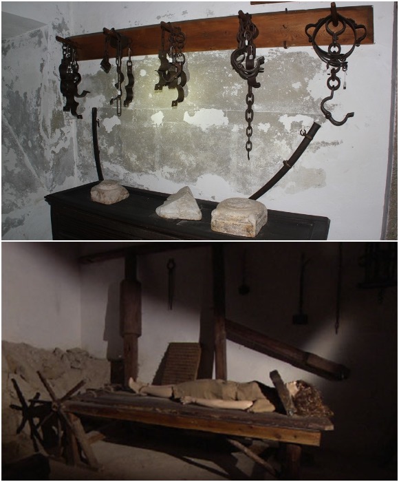 В подземелье представлены пыточные камеры инквизиции, где выбивали признание в колдовстве или ереси (Schloss Moosham, Австрия).
