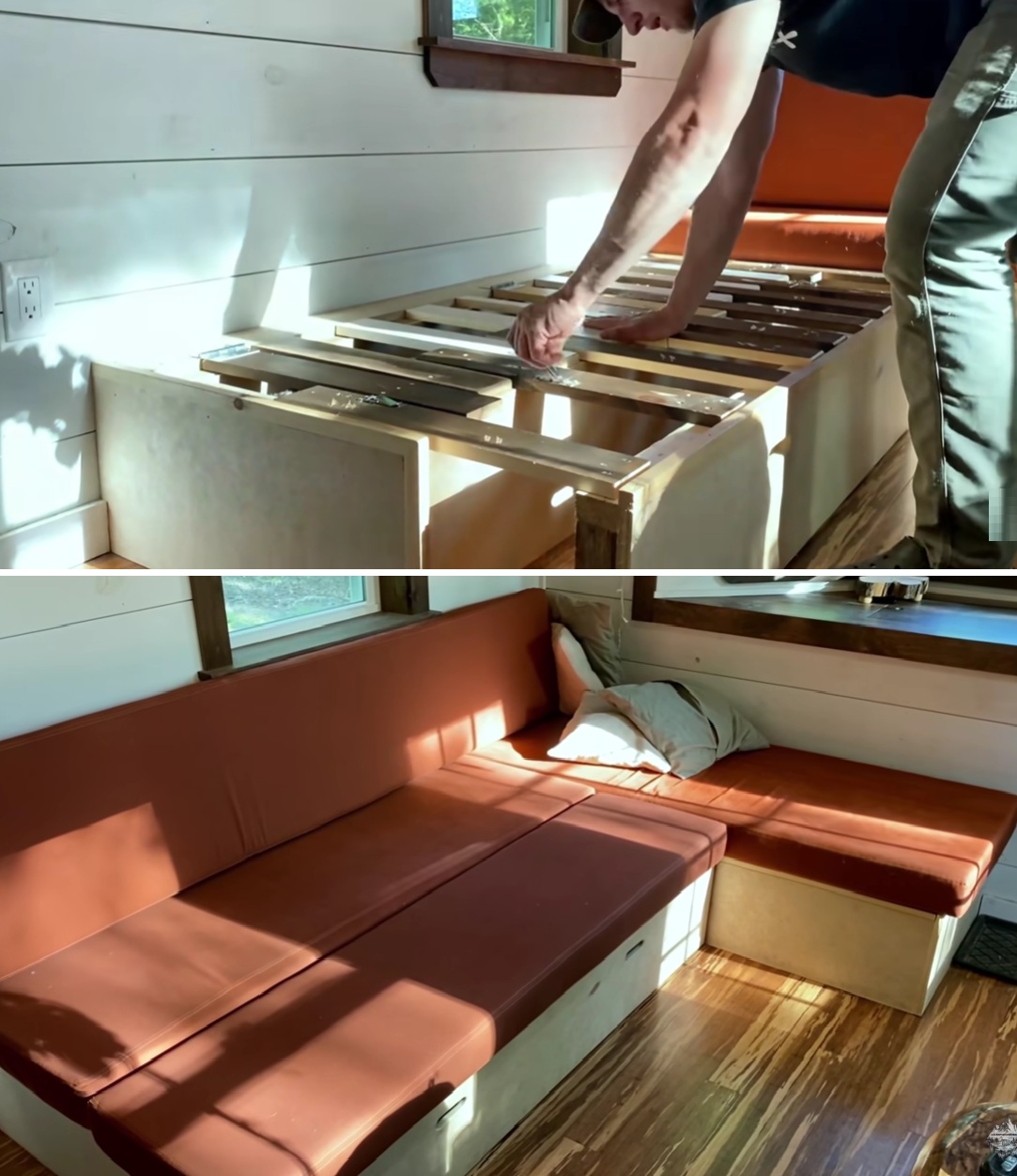 Самодельный диван легко превращается в гостевую кровать.