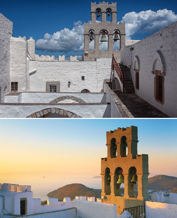 Открытая колокольня главного храма монастыря Святого Иоанна Богослова с видом на Эгейское море (остров Патмос, Греция).