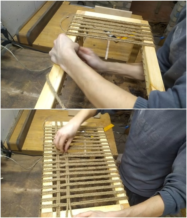 Процесс плетения сиденья из джутового каната.