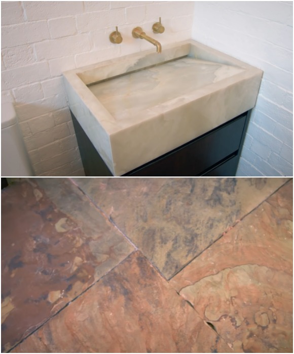 Главными «достопримечательностями» ванной комнаты стали каменный пол и раковина из оникса (Scissett, Великобритания).