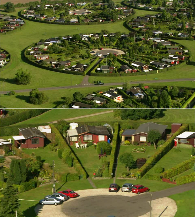 В центре каждого необычного квартала вместо колодцев организовали парковку (Brоndby, Дания). | Фото: news.myseldon.com. 
