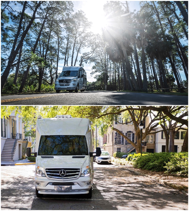 Маневренность и компактность фургона поможет и на оживленных улицах города, и на проселочных дорогах (2021 Atlas Touring Coach).