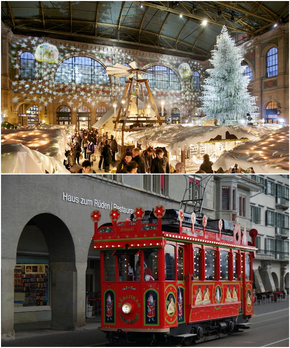 Елка, усыпанная кристаллами Swarovski, и красный трамвайчик Санты – самые узнаваемые рождественские атрибуты Цюриха (Швейцария). | Фото: zagran.guru/ otzyv.ru. 