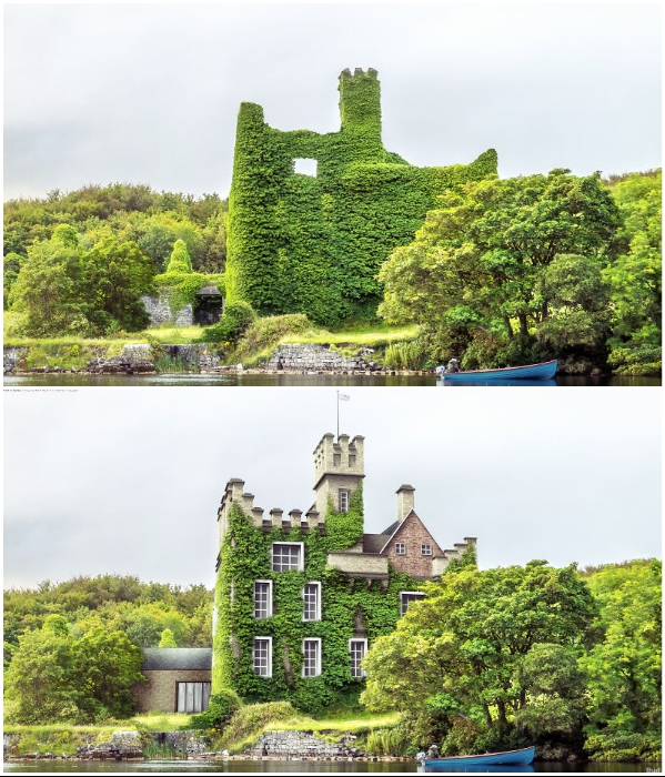 Живописные руины и цифровая реконструкция романтического замка Менло в графстве Голуэй (Ирландия). | Фото: boredpanda.com/ © budgetdirect.