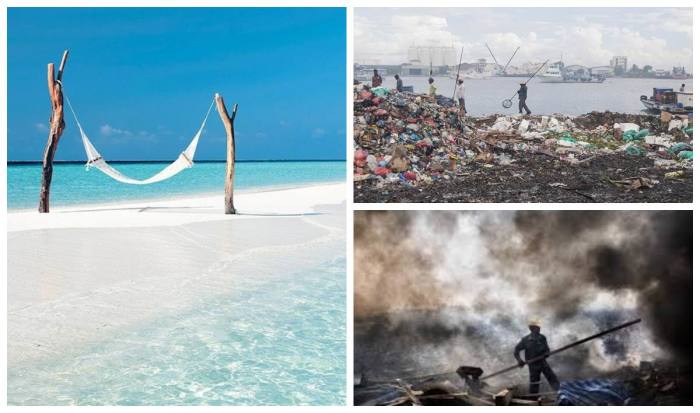 Горы отходов превратили некогда голубую лагуну в мусорный остров (Тилафуши, Мальдивы).