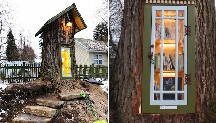 Старое дерево превратили у удивительную библиотеку Little Free Library (Кер-д'Ален, США).