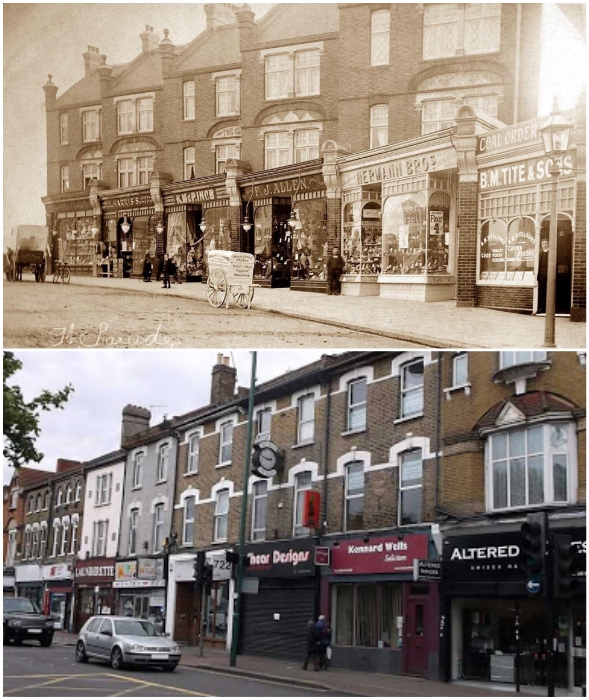 Очаровательный «Парад магазинов» на Hale End Road стараниями современников превратился в обыденный базарный ряд (снимки 1900 г. и 2020 г., Лондон). | Фото: timeviews.home.blog.