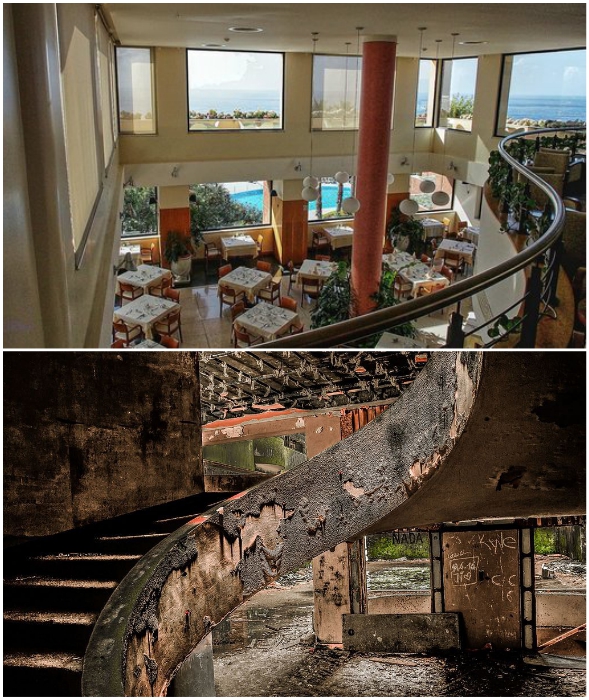 Изящную лестницу в ресторане время тоже не пощадило (Monte Palace, Португалия).