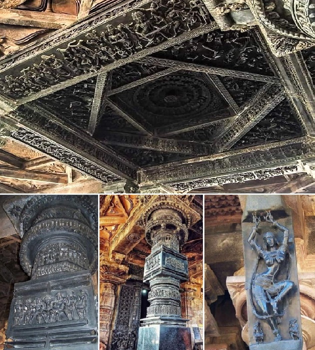Зал перед святилищем украшают многочисленные колонны с изысканной резьбой и барельефами, отлитыми из базальта (Храм Рамаппа, Индия).