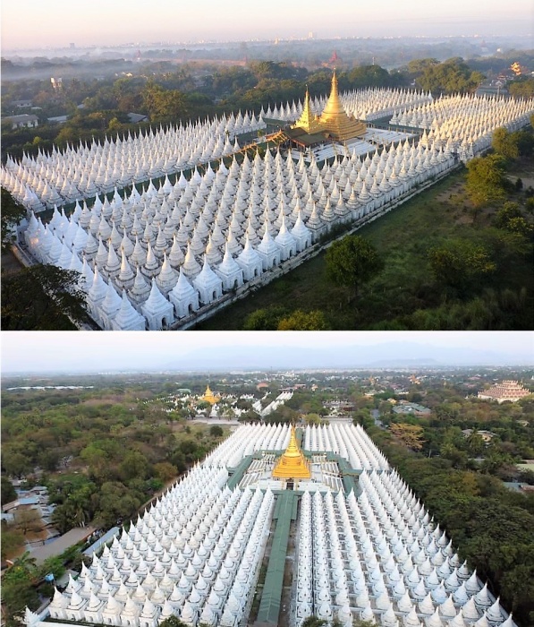 На территории последней столицы Бирмы имеется несколько храмовых комплексов, вокруг ступы которых можно увидеть белоснежные святилища (Пагода Сандамуни, Мандалай).