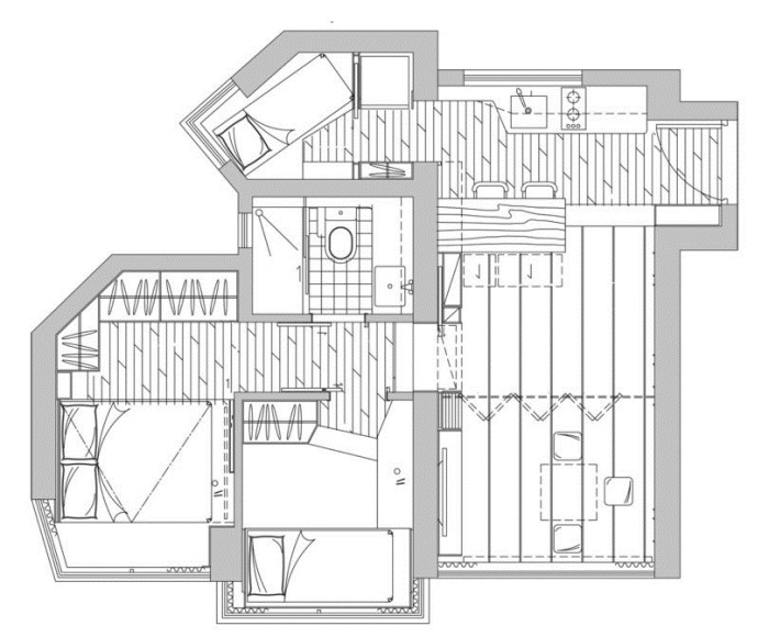 План-чертеж обустройства квартиры площадью 45 кв.м. (Гонконг). | Фото: sim-plex-design.com/ © Sim-Plex.