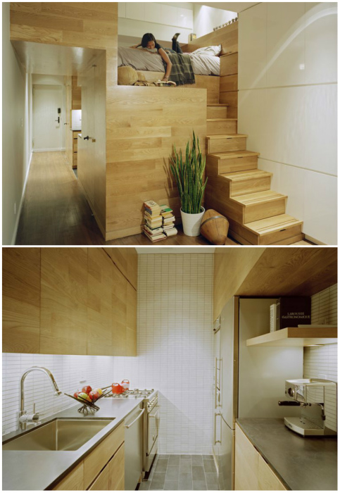 Благодаря мебельному модулю можно создать полноценную кухню и уютную спальню на втором ярусе (E-Village Studio). | Фото: archilovers.com.